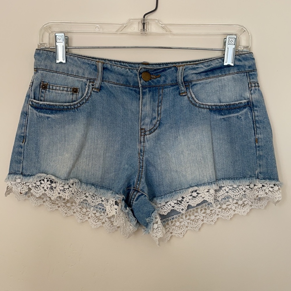 Forever 21 Light Wash Lace Jean Shorts